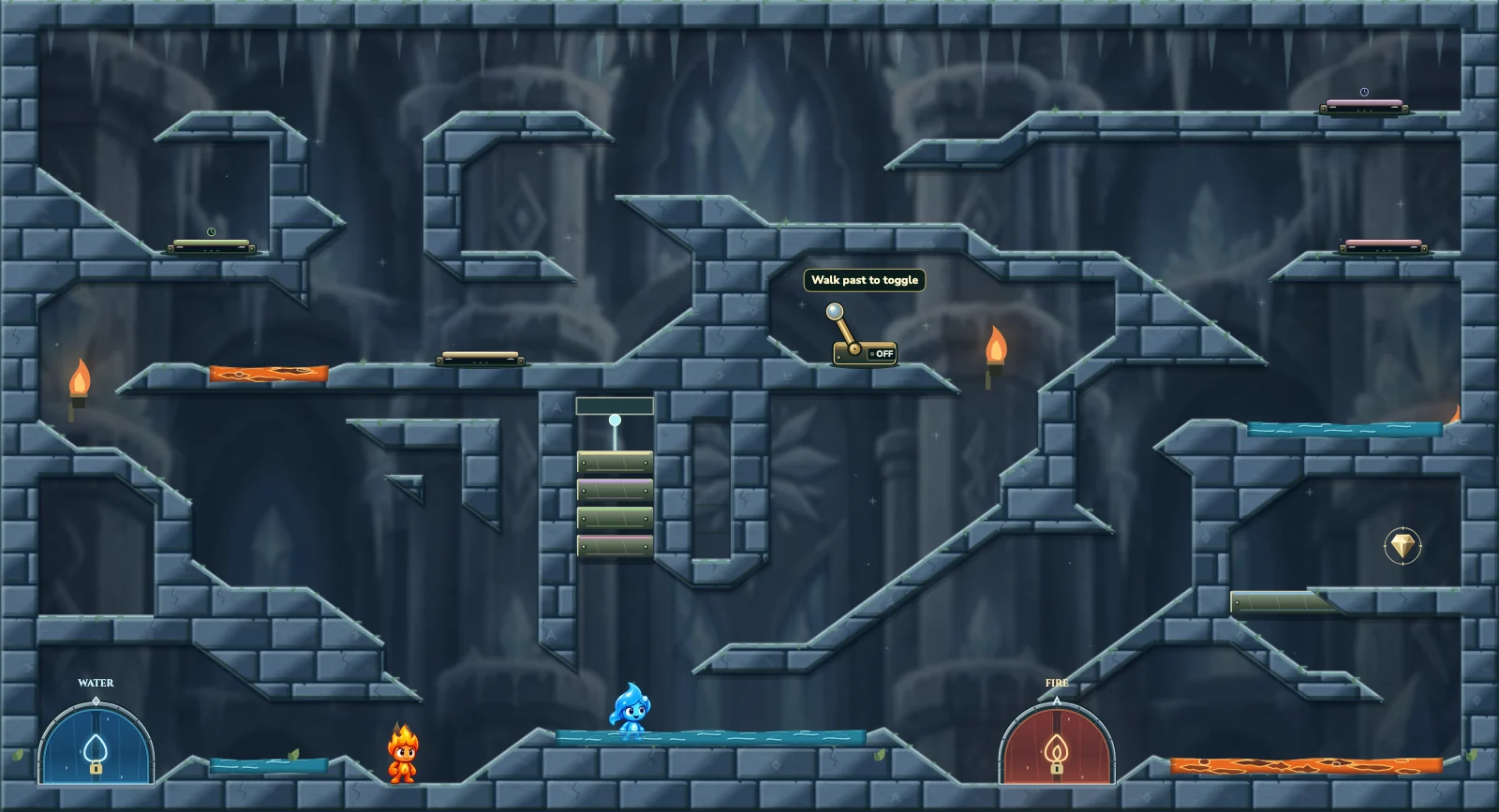 The Frozen Chamber 25, ice level 25: actual game view with Fireboy, Watergirl, diamonds, elemental pools, matching exits, and this level’s mechanisms.