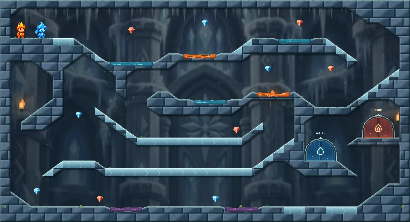 The Frozen Descent, ice level 26: actual game view with Fireboy, Watergirl, diamonds, elemental pools, matching exits, and this level’s mechanisms.
