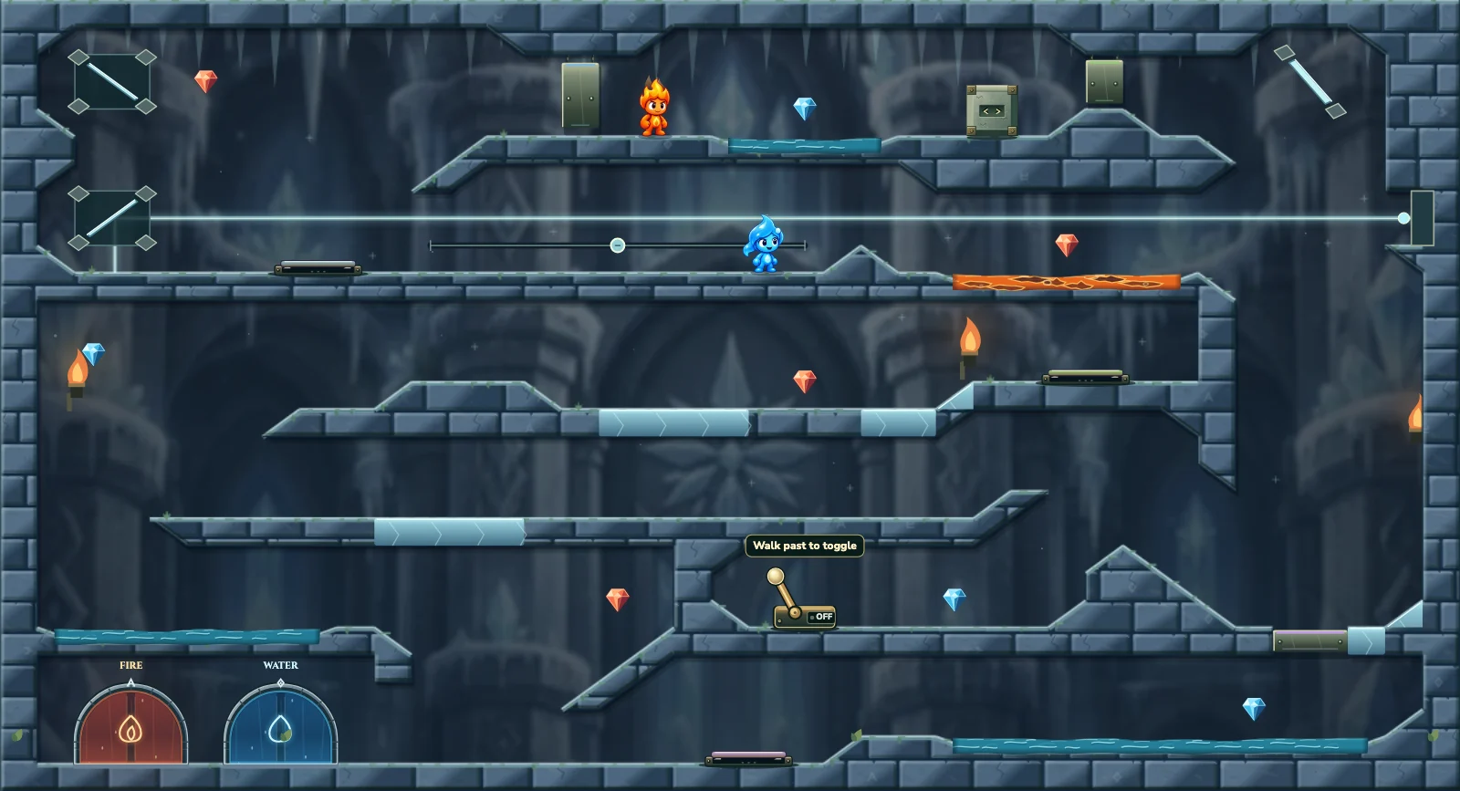 The Frozen Chamber 27, ice level 27: actual game view with Fireboy, Watergirl, diamonds, elemental pools, matching exits, and this level’s mechanisms.