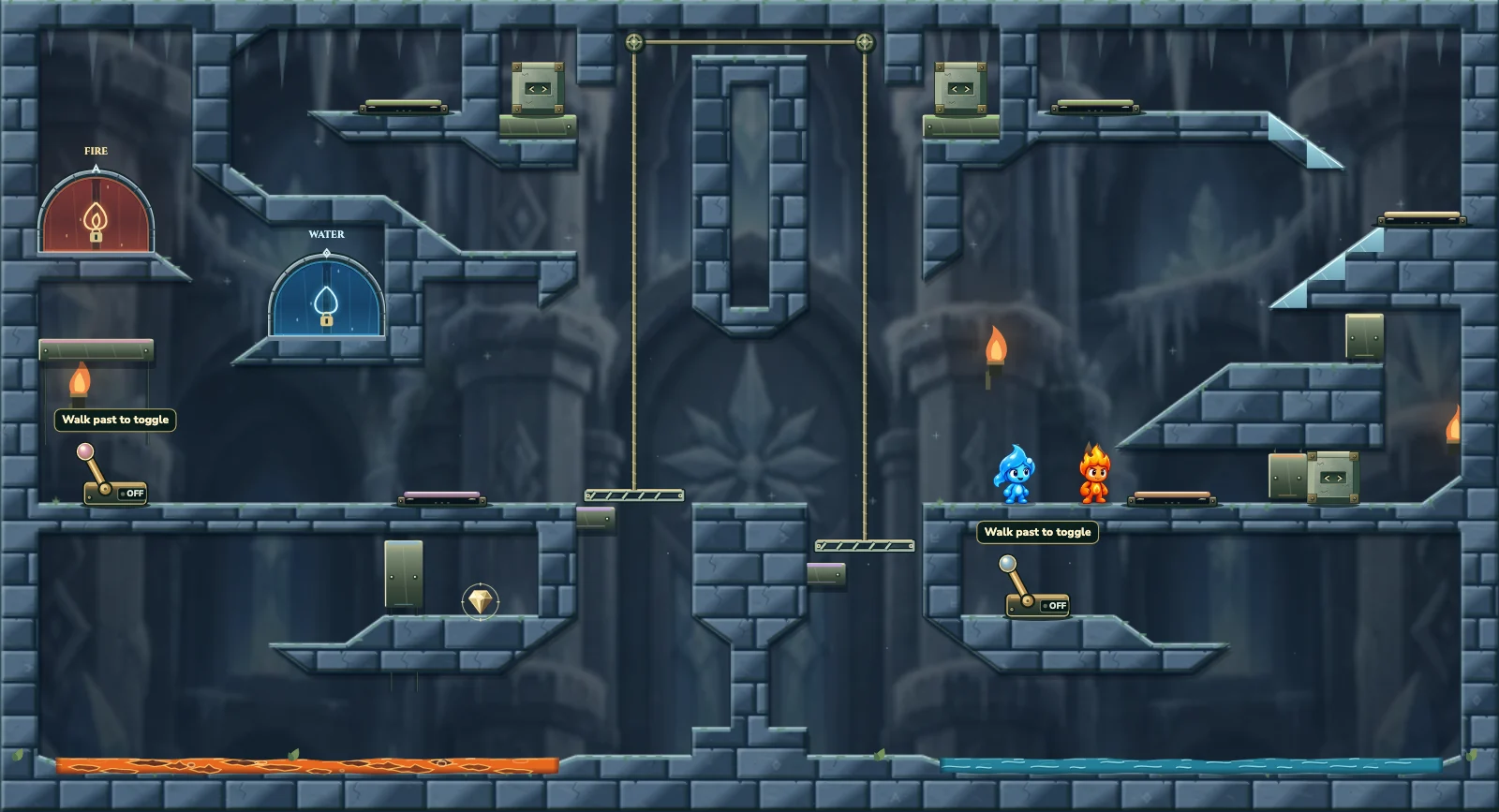 The Frozen Chamber 28, ice level 28: actual game view with Fireboy, Watergirl, diamonds, elemental pools, matching exits, and this level’s mechanisms.