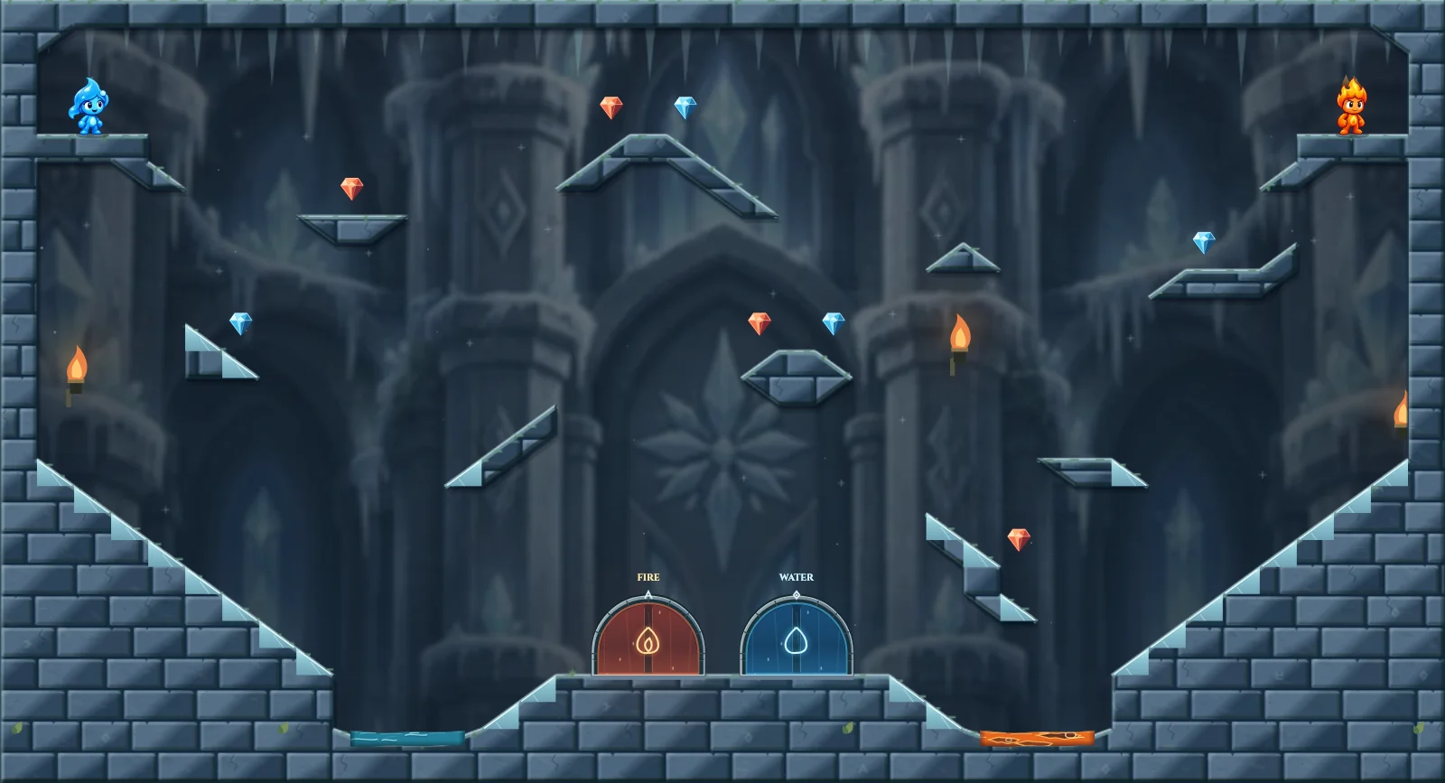 The Ice Crossing, ice level 29: actual game view with Fireboy, Watergirl, diamonds, elemental pools, matching exits, and this level’s mechanisms.