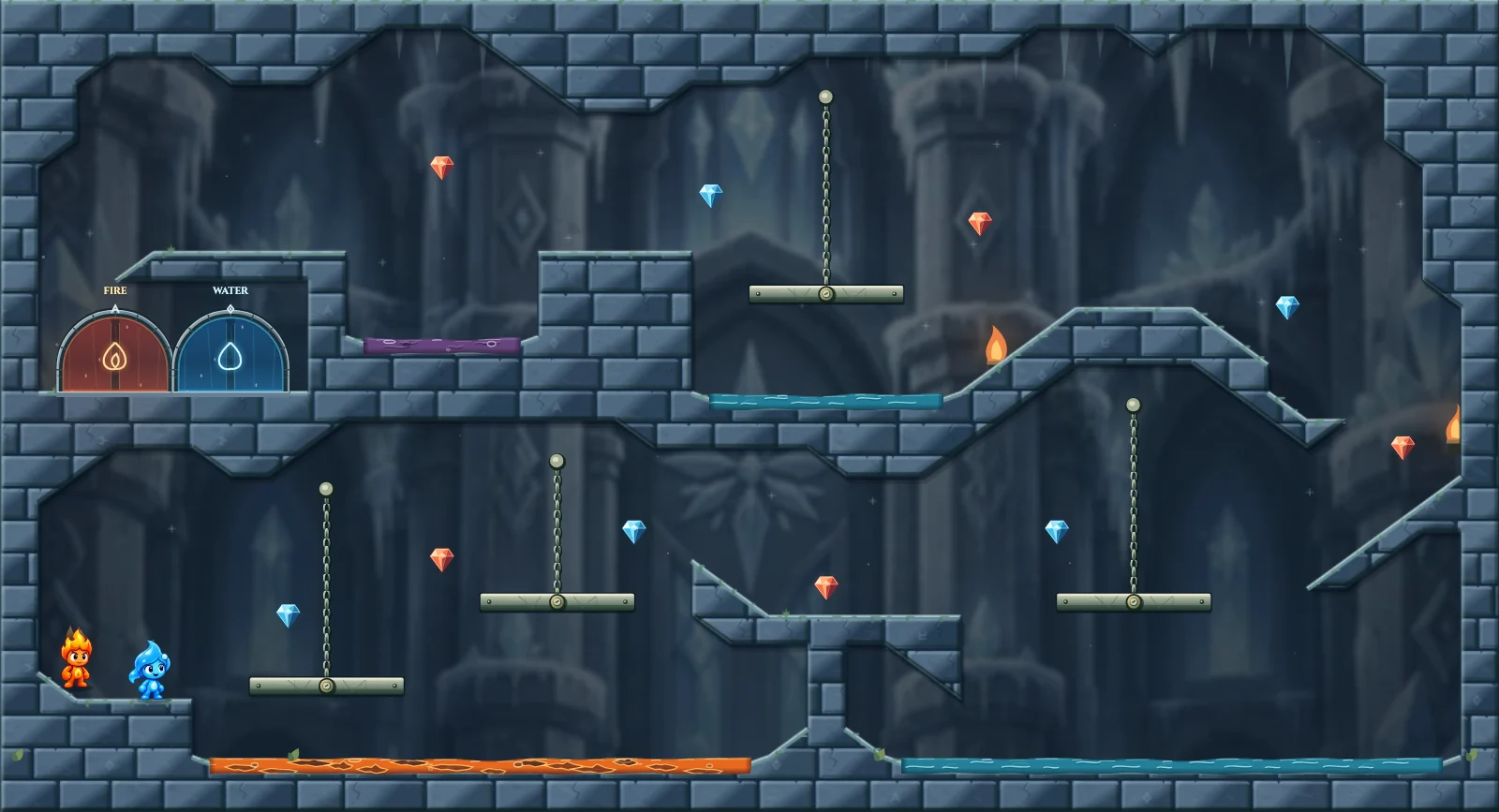 The Four Hanging Crossings, ice level 30: actual game view with Fireboy, Watergirl, diamonds, elemental pools, matching exits, and this level’s mechanisms.