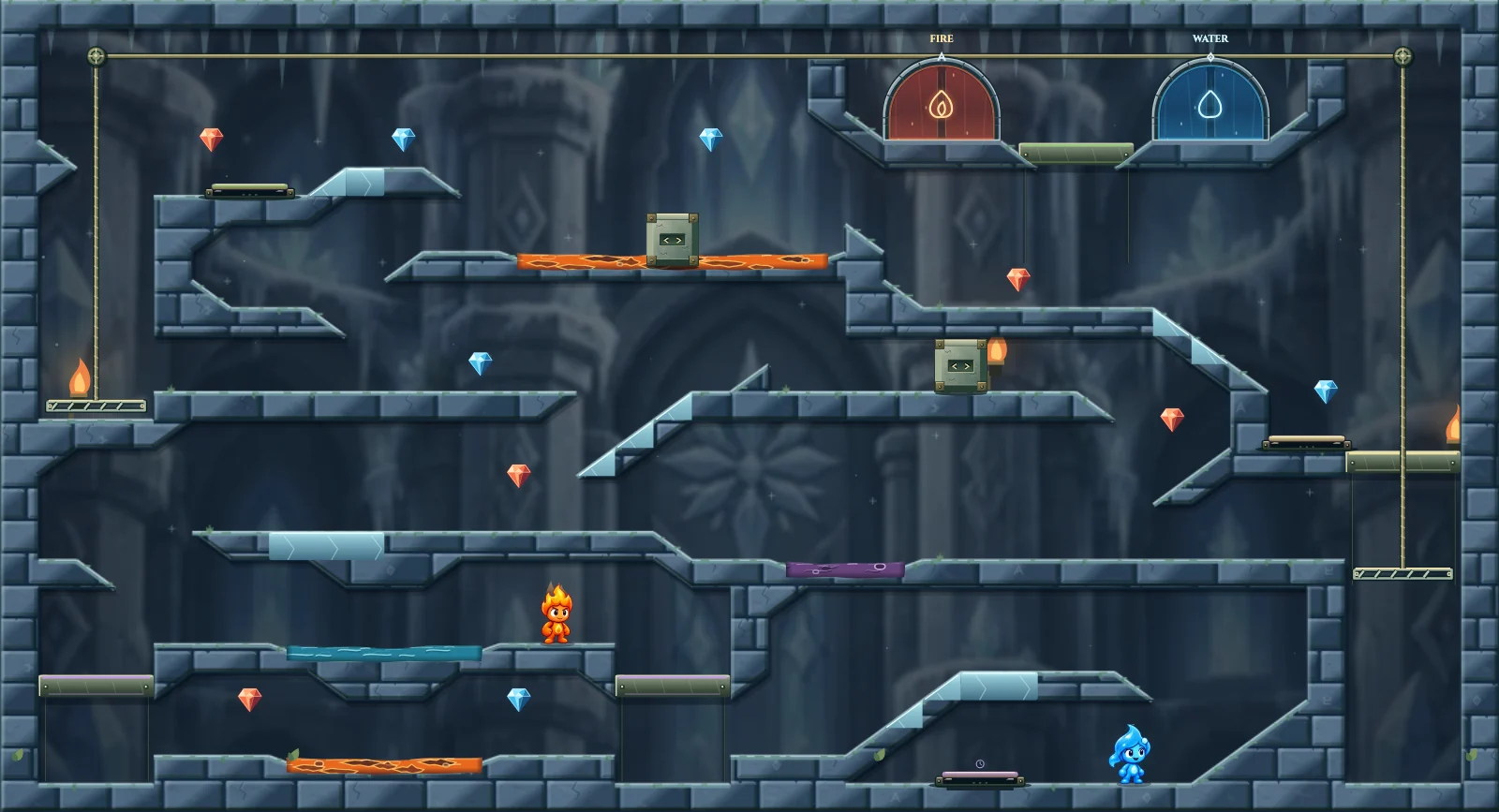The Frozen Chamber 31, ice level 31: actual game view with Fireboy, Watergirl, diamonds, elemental pools, matching exits, and this level’s mechanisms.