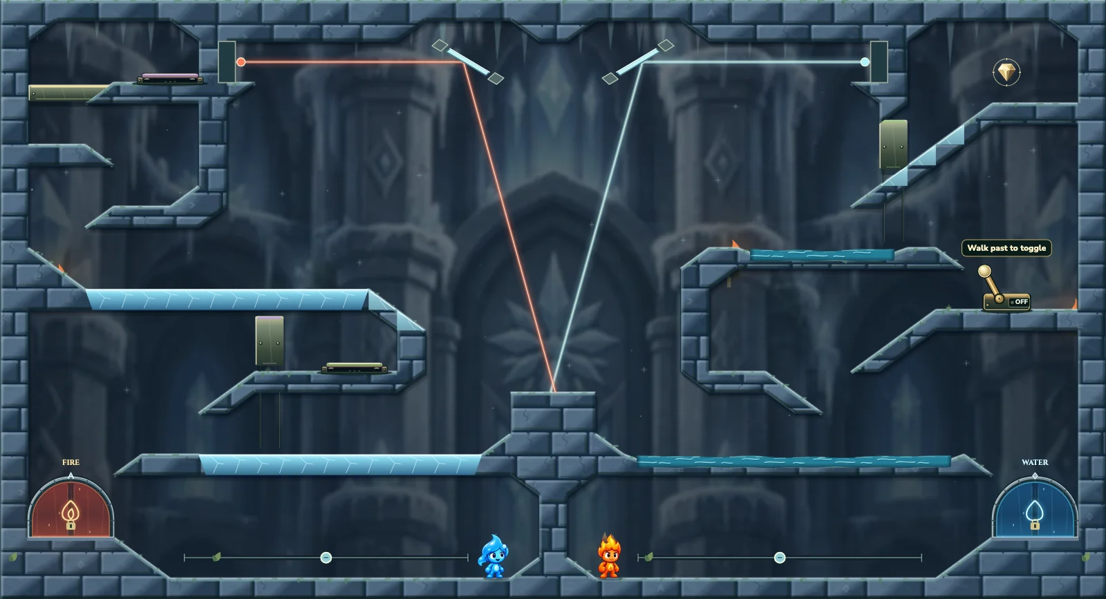 The Frozen Chamber 32, ice level 32: actual game view with Fireboy, Watergirl, diamonds, elemental pools, matching exits, and this level’s mechanisms.