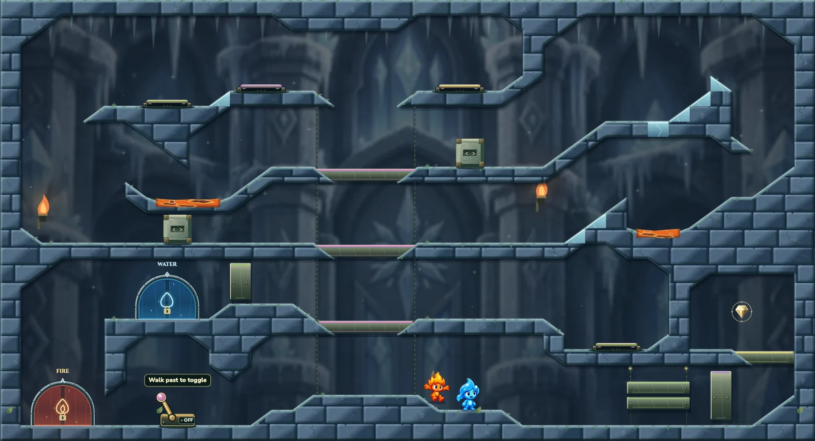 The Four Floor Lift, ice level 33: actual game view with Fireboy, Watergirl, diamonds, elemental pools, matching exits, and this level’s mechanisms.