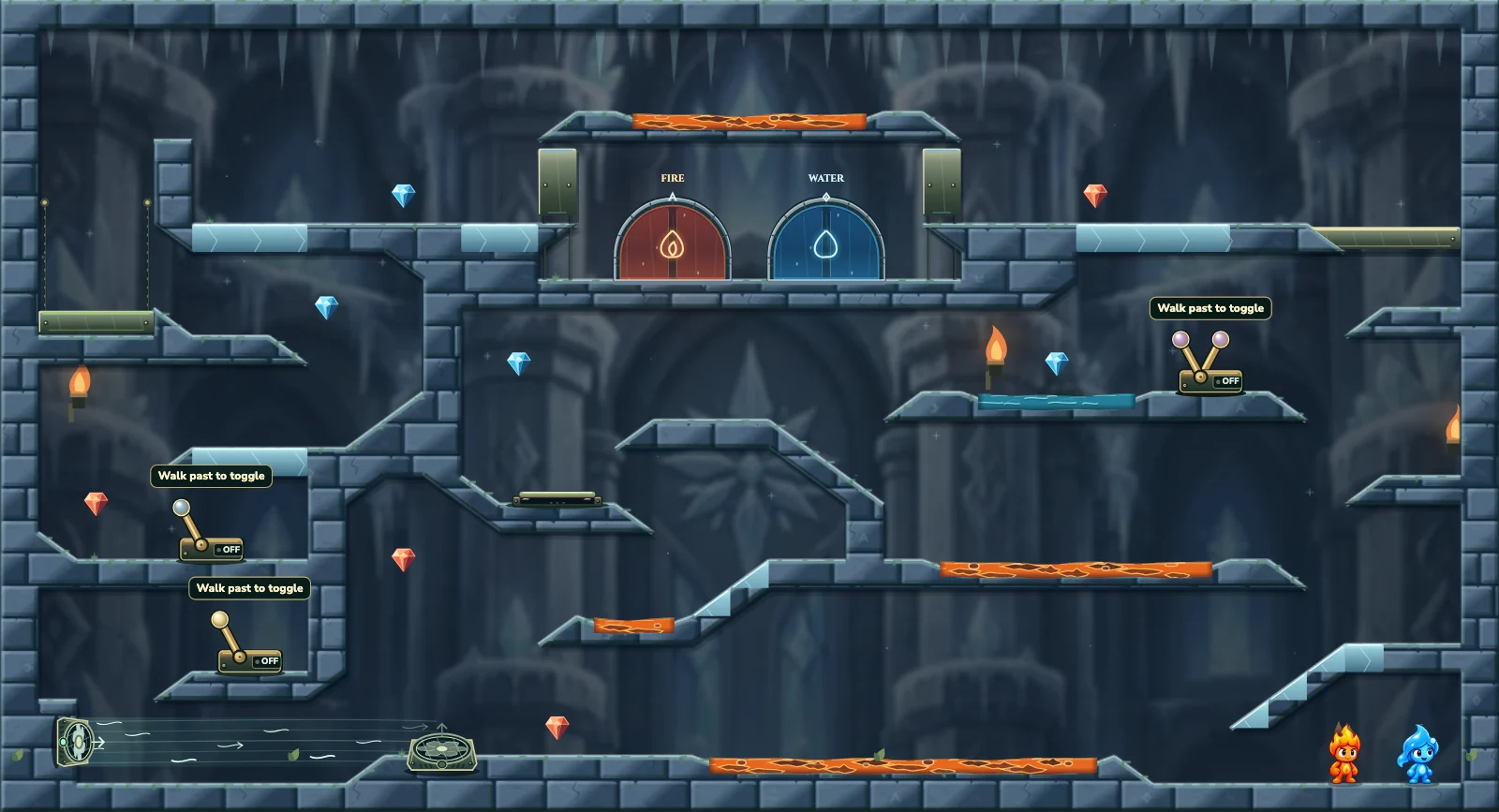 The Frozen Chamber 34, ice level 34: actual game view with Fireboy, Watergirl, diamonds, elemental pools, matching exits, and this level’s mechanisms.
