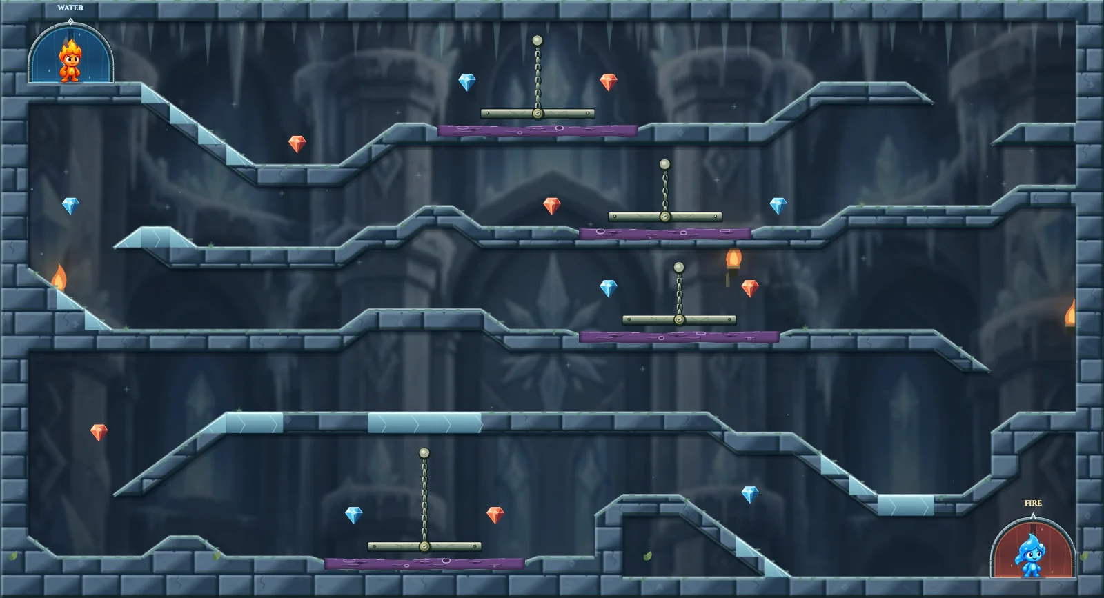 The Hanging Ice Exchange, ice level 35: actual game view with Fireboy, Watergirl, diamonds, elemental pools, matching exits, and this level’s mechanisms.