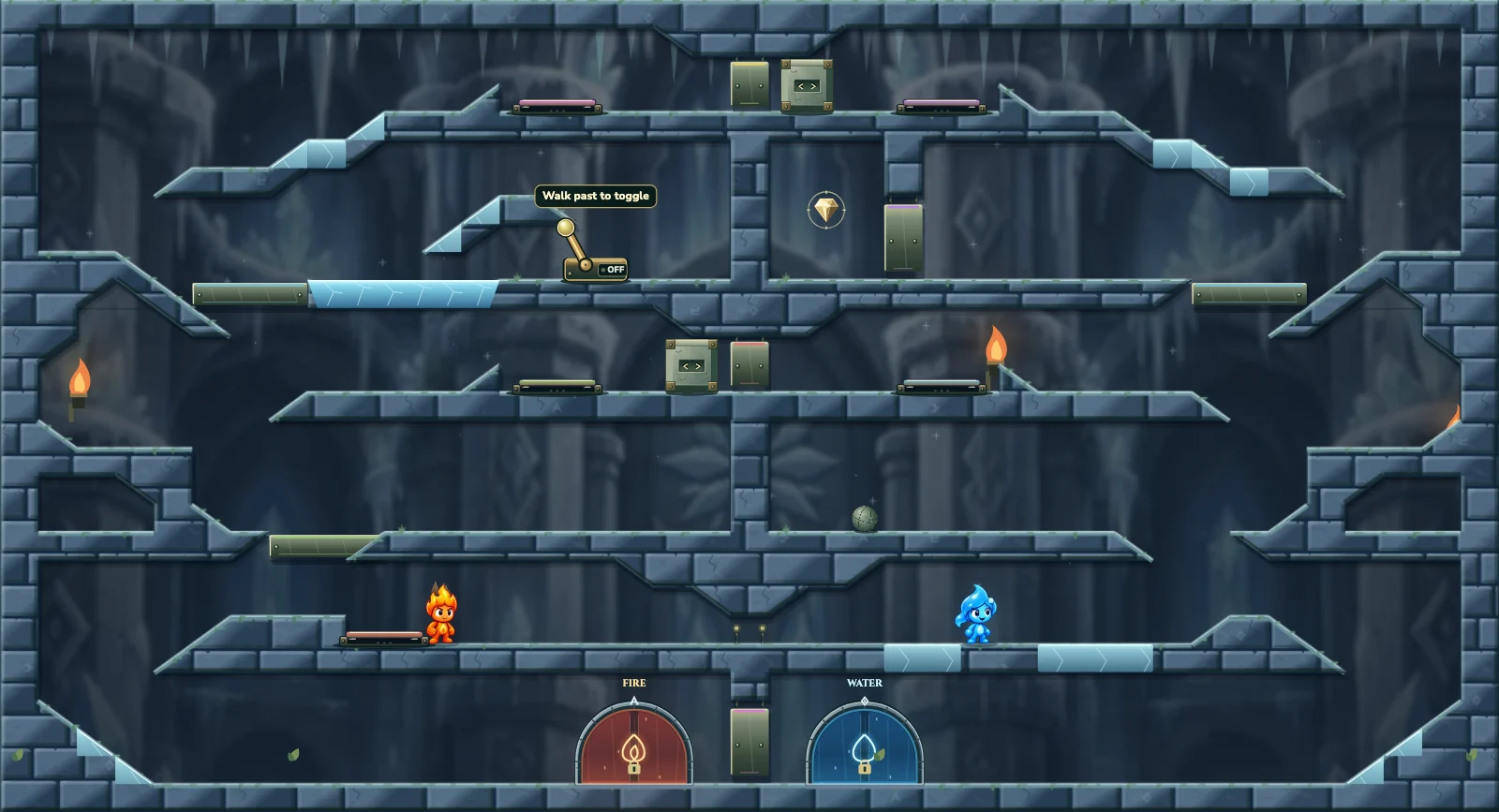 The Frozen Weight Circuit, ice level 36: actual game view with Fireboy, Watergirl, diamonds, elemental pools, matching exits, and this level’s mechanisms.
