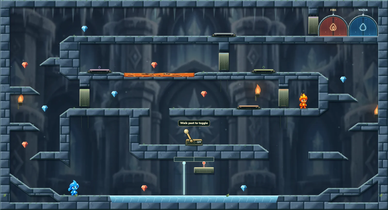 The Frozen Chamber 37, ice level 37: actual game view with Fireboy, Watergirl, diamonds, elemental pools, matching exits, and this level’s mechanisms.