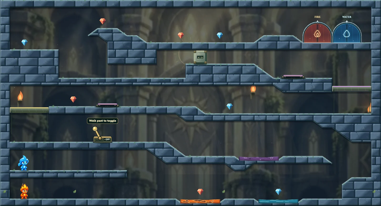 First Steps in the Light, light level 1: actual game view with Fireboy, Watergirl, diamonds, elemental pools, matching exits, and this level’s mechanisms.