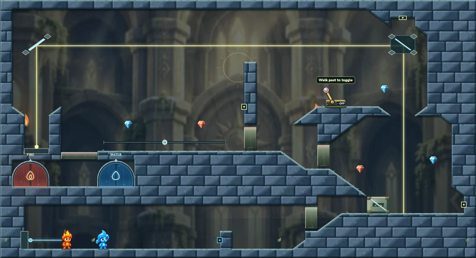 The First Reflections, light level 2: actual game view with Fireboy, Watergirl, diamonds, elemental pools, matching exits, and this level’s mechanisms.