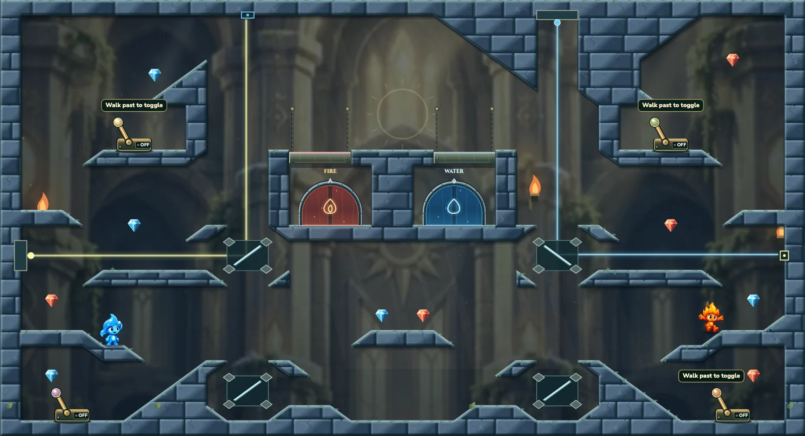 The Four Reflectors, light level 3: actual game view with Fireboy, Watergirl, diamonds, elemental pools, matching exits, and this level’s mechanisms.