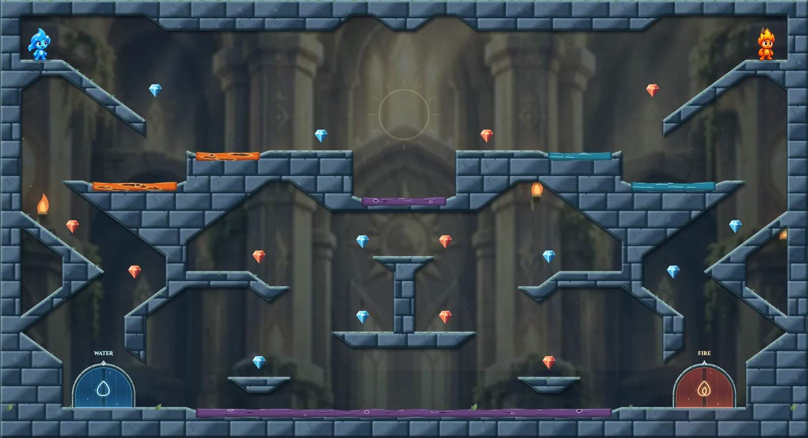 The Split Descent, light level 5: actual game view with Fireboy, Watergirl, diamonds, elemental pools, matching exits, and this level’s mechanisms.