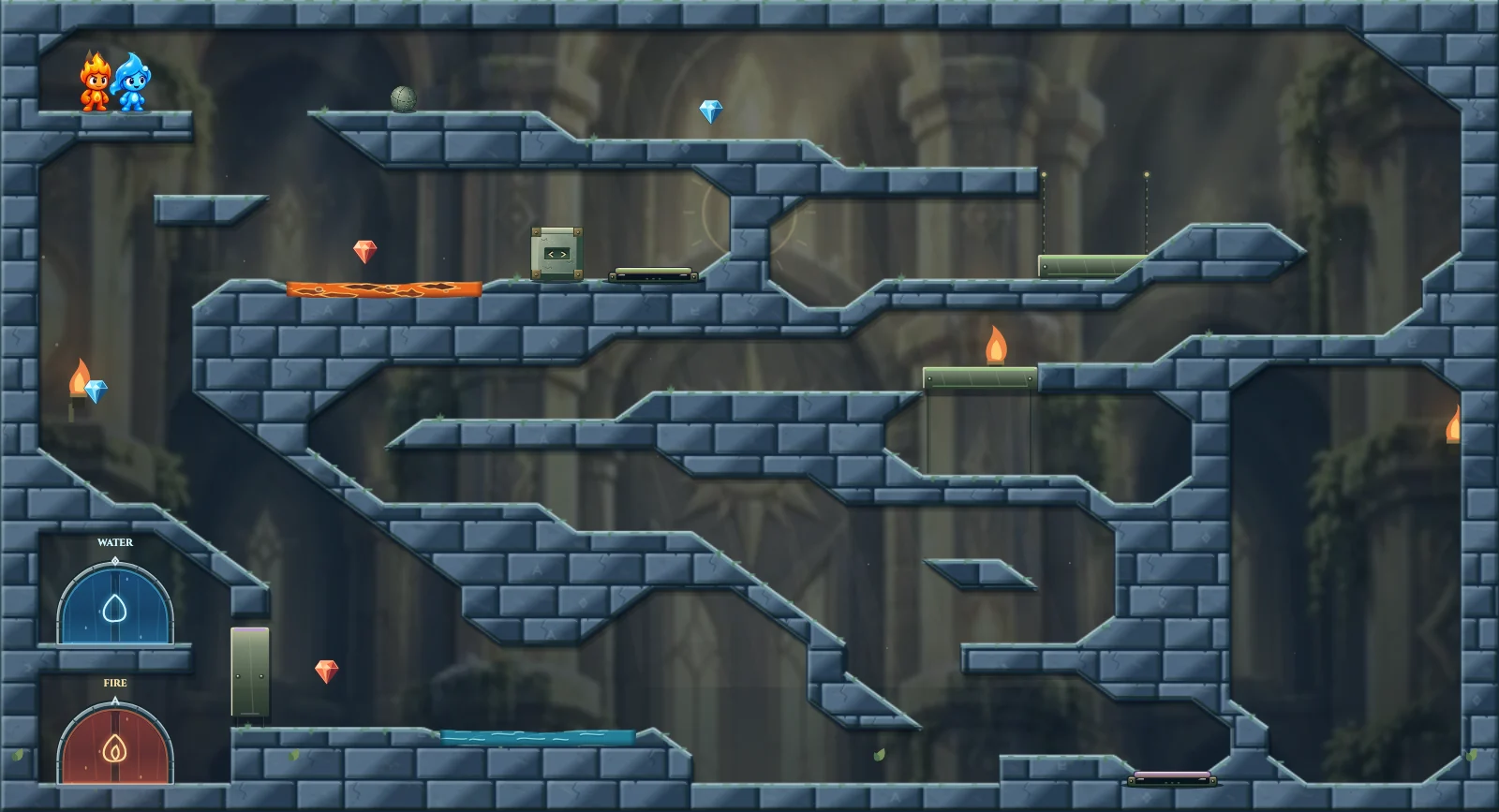 The Descending Pair, light level 6: actual game view with Fireboy, Watergirl, diamonds, elemental pools, matching exits, and this level’s mechanisms.
