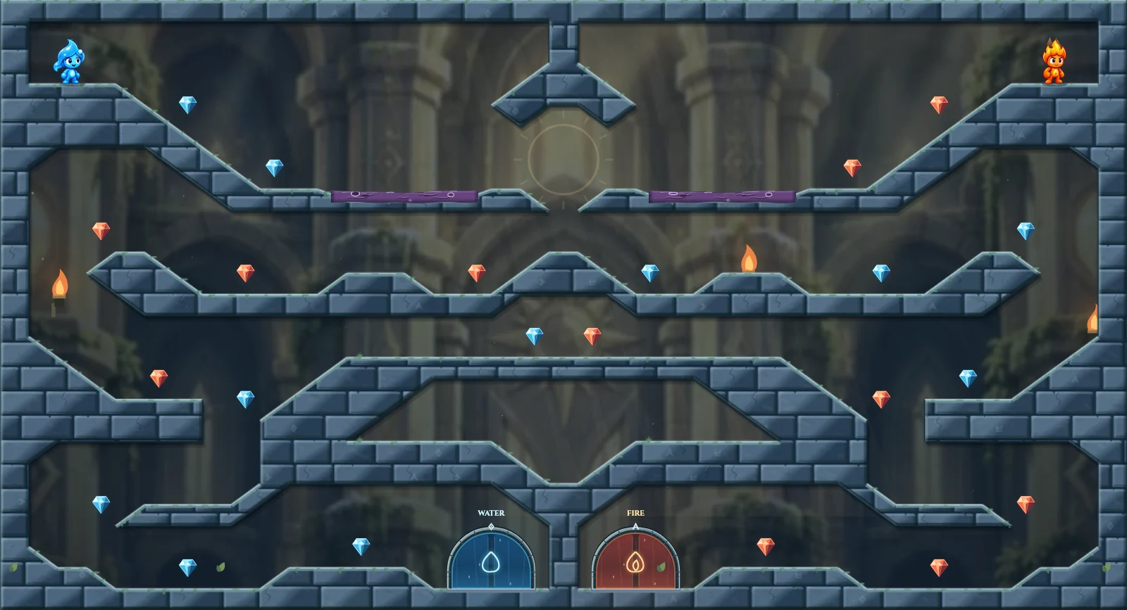 The Diamond Cascade, light level 8: actual game view with Fireboy, Watergirl, diamonds, elemental pools, matching exits, and this level’s mechanisms.