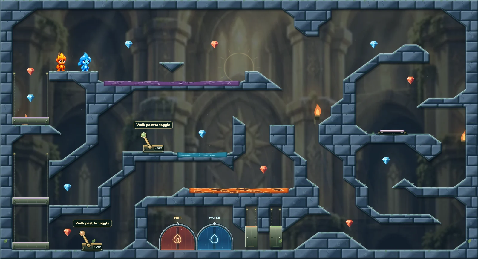 The Three Rising Shelves, light level 9: actual game view with Fireboy, Watergirl, diamonds, elemental pools, matching exits, and this level’s mechanisms.