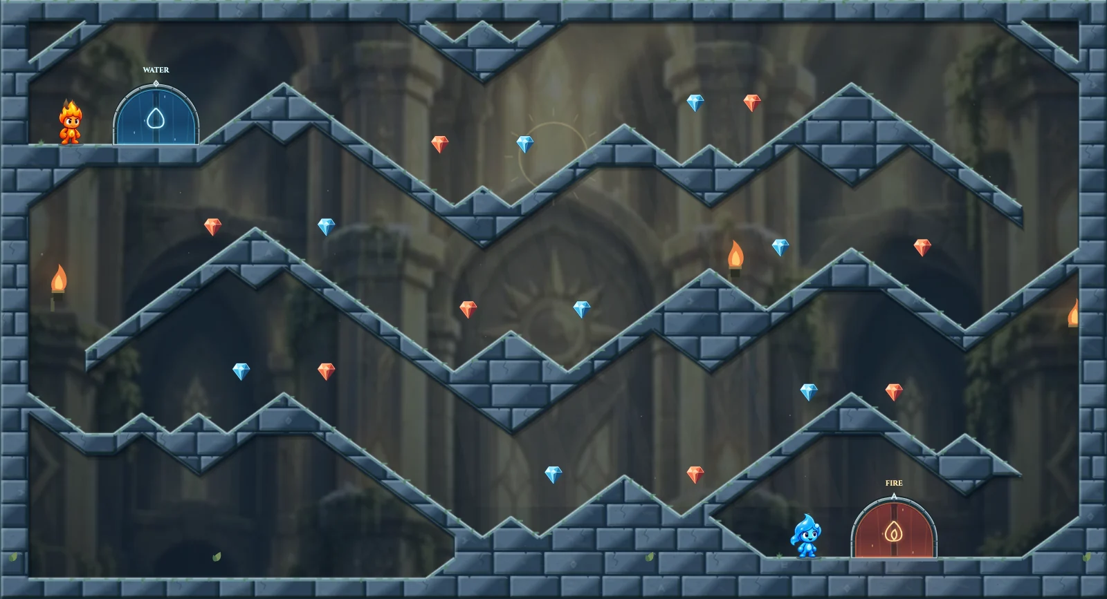 The Jagged Traverse, light level 10: actual game view with Fireboy, Watergirl, diamonds, elemental pools, matching exits, and this level’s mechanisms.