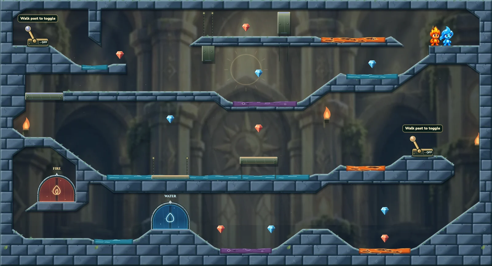 The Linked Passages, light level 11: actual game view with Fireboy, Watergirl, diamonds, elemental pools, matching exits, and this level’s mechanisms.