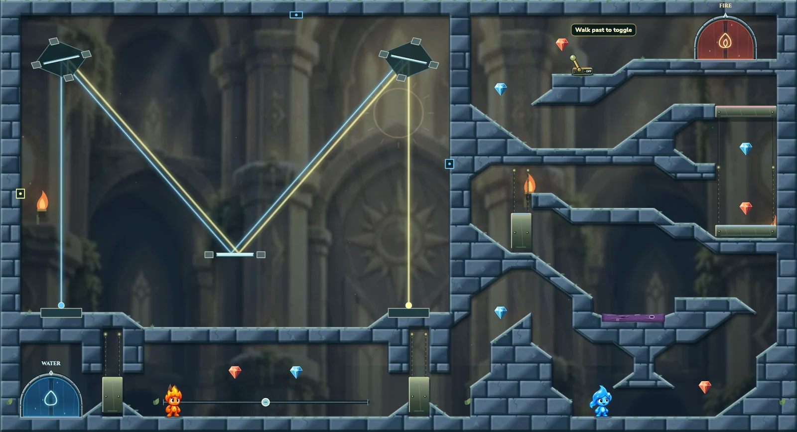 The Split Beam Gallery, light level 12: actual game view with Fireboy, Watergirl, diamonds, elemental pools, matching exits, and this level’s mechanisms.