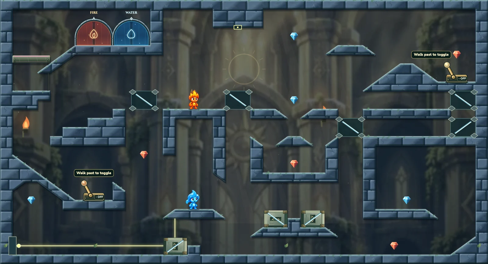 The Mirror Cargo, light level 13: actual game view with Fireboy, Watergirl, diamonds, elemental pools, matching exits, and this level’s mechanisms.