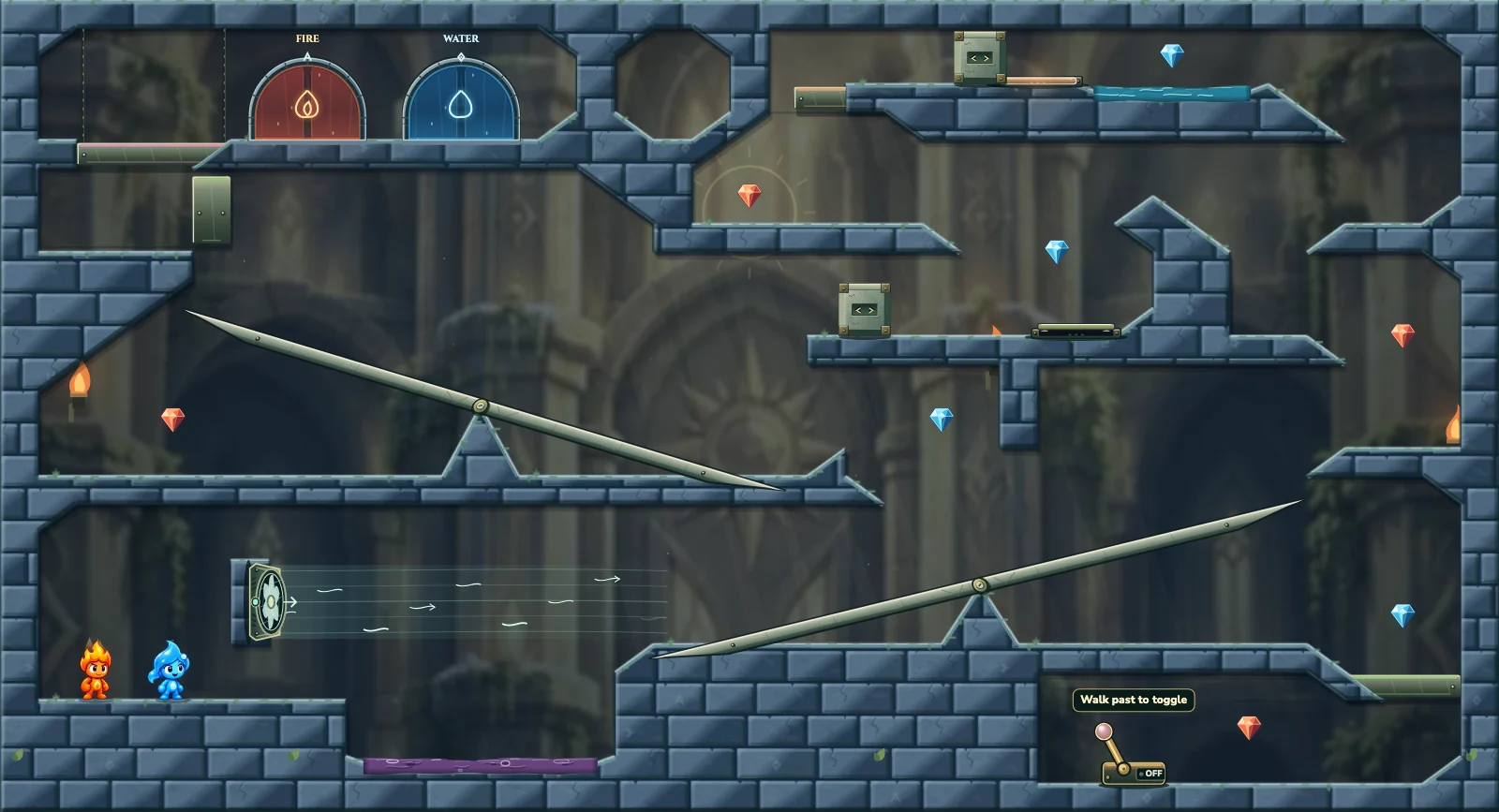 The Twin Balances, light level 15: actual game view with Fireboy, Watergirl, diamonds, elemental pools, matching exits, and this level’s mechanisms.