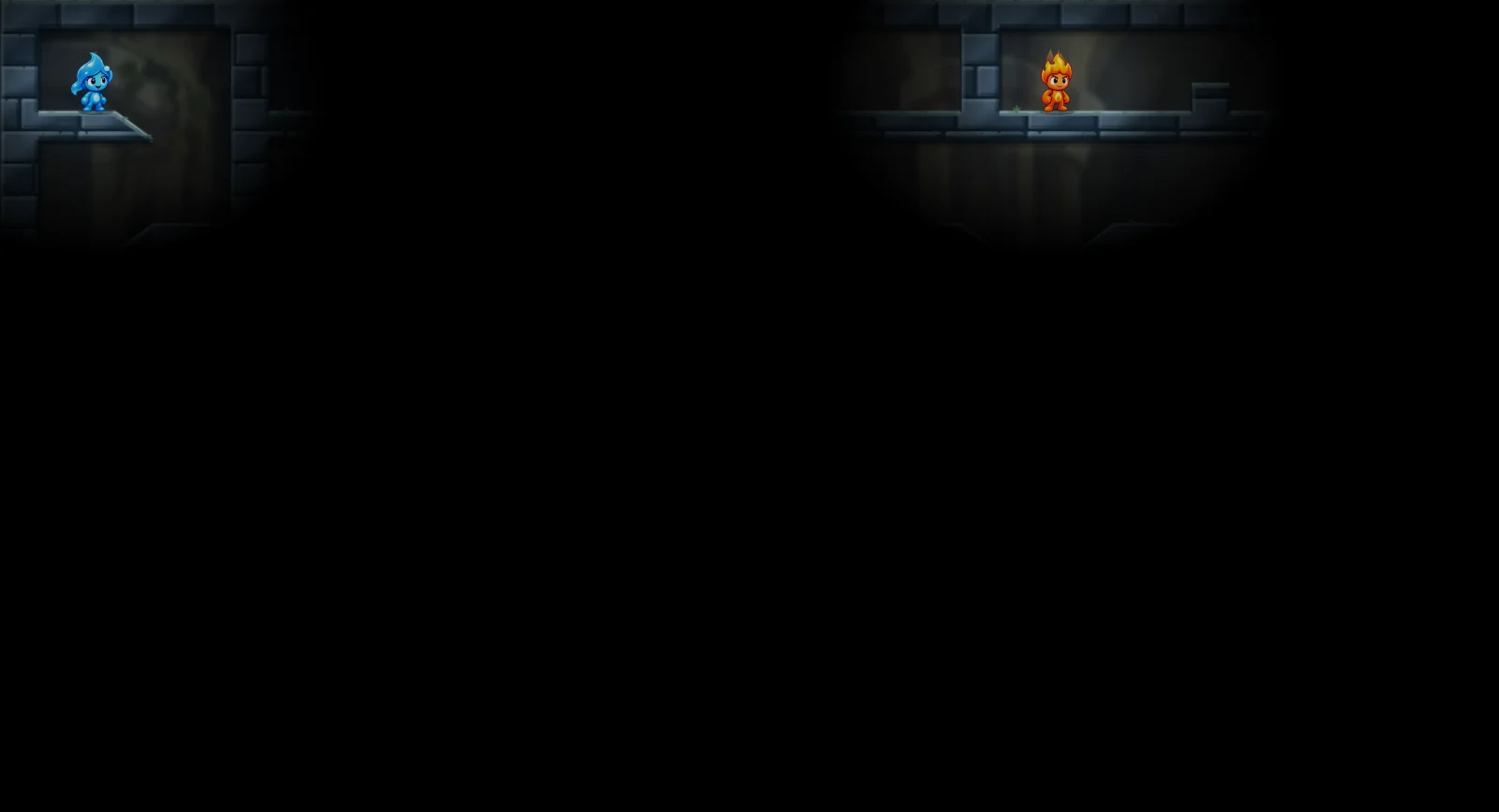 The Unlit Ridges, light level 16: actual game view with Fireboy, Watergirl, diamonds, elemental pools, matching exits, and this level’s mechanisms.