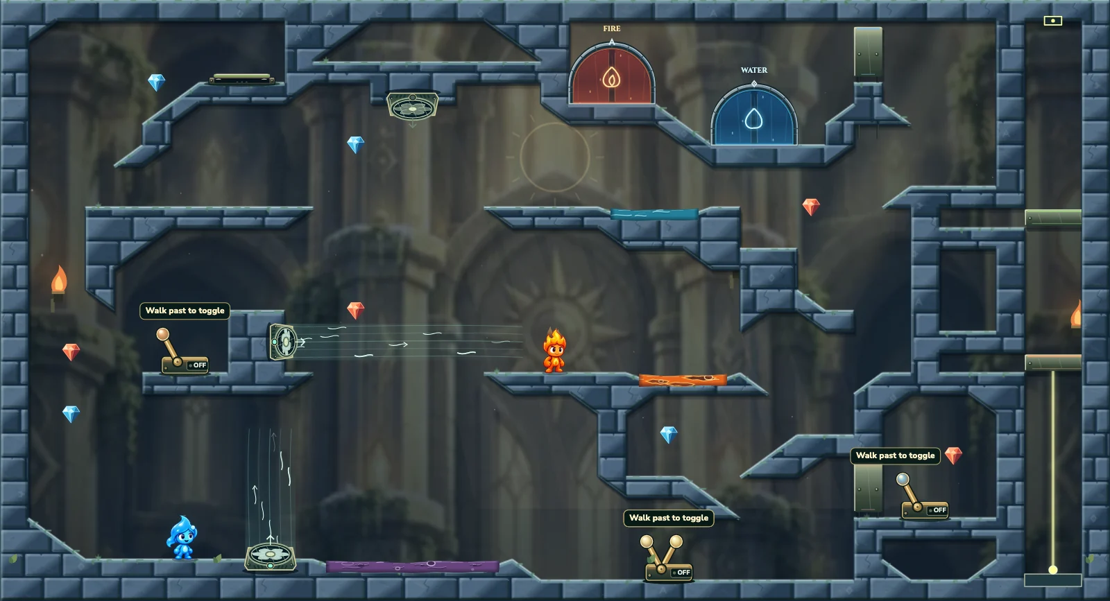 The Wind and Light Relay, light level 17: actual game view with Fireboy, Watergirl, diamonds, elemental pools, matching exits, and this level’s mechanisms.