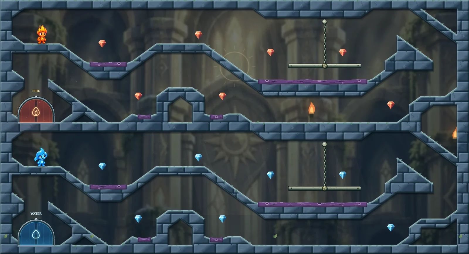 The Swinging Circuits, light level 18: actual game view with Fireboy, Watergirl, diamonds, elemental pools, matching exits, and this level’s mechanisms.
