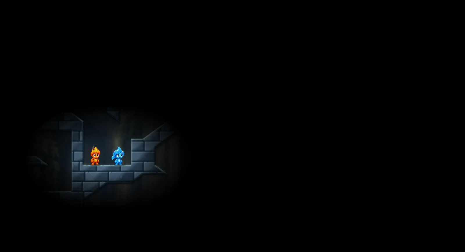 The Shadow Gate, light level 19: actual game view with Fireboy, Watergirl, diamonds, elemental pools, matching exits, and this level’s mechanisms.