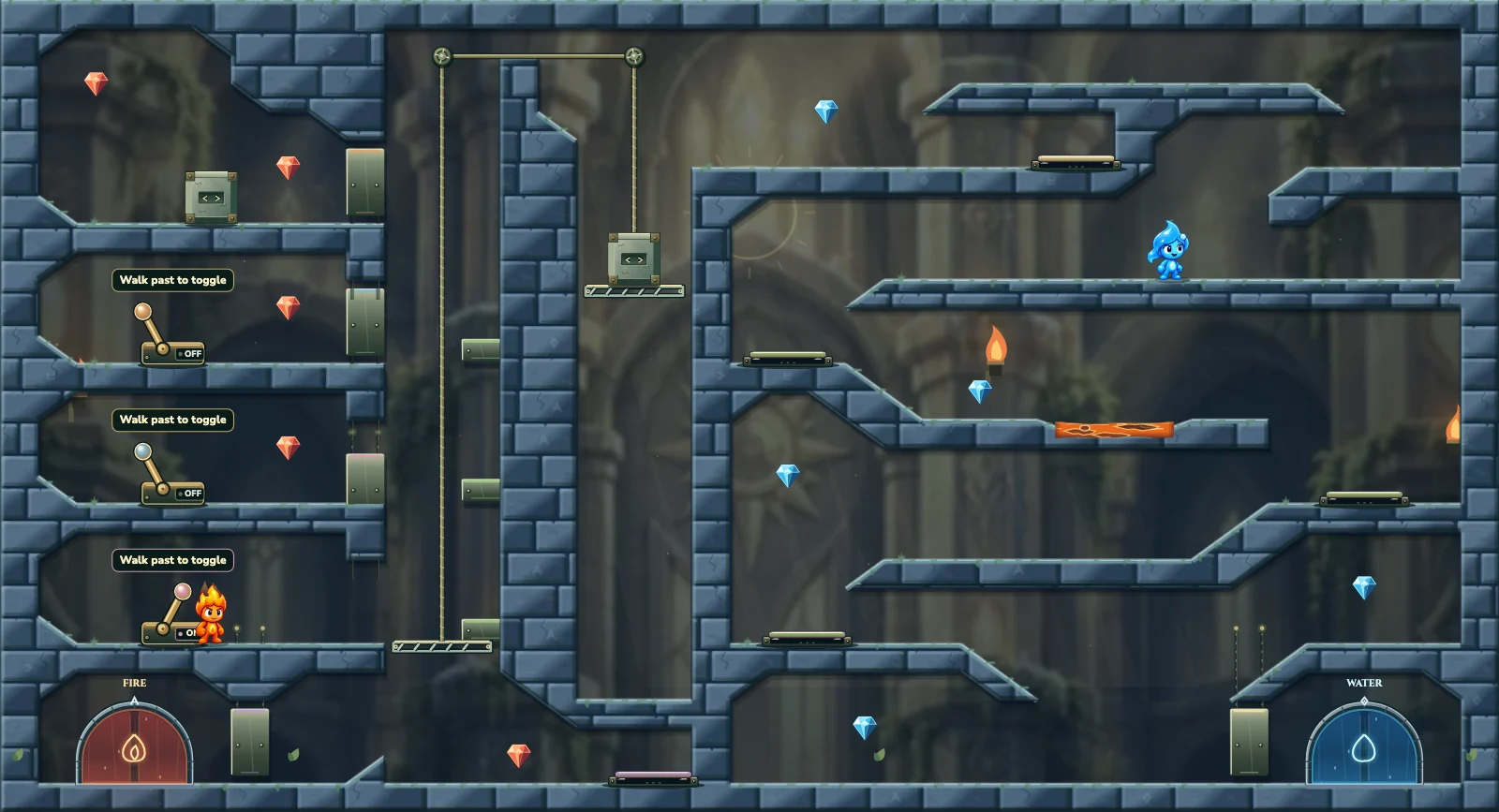 The Counterweight Staircase, light level 20: actual game view with Fireboy, Watergirl, diamonds, elemental pools, matching exits, and this level’s mechanisms.