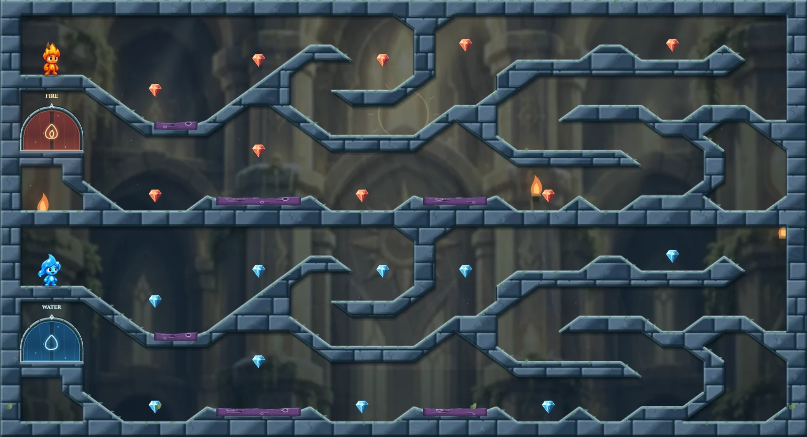 The Parallel Run, light level 21: actual game view with Fireboy, Watergirl, diamonds, elemental pools, matching exits, and this level’s mechanisms.