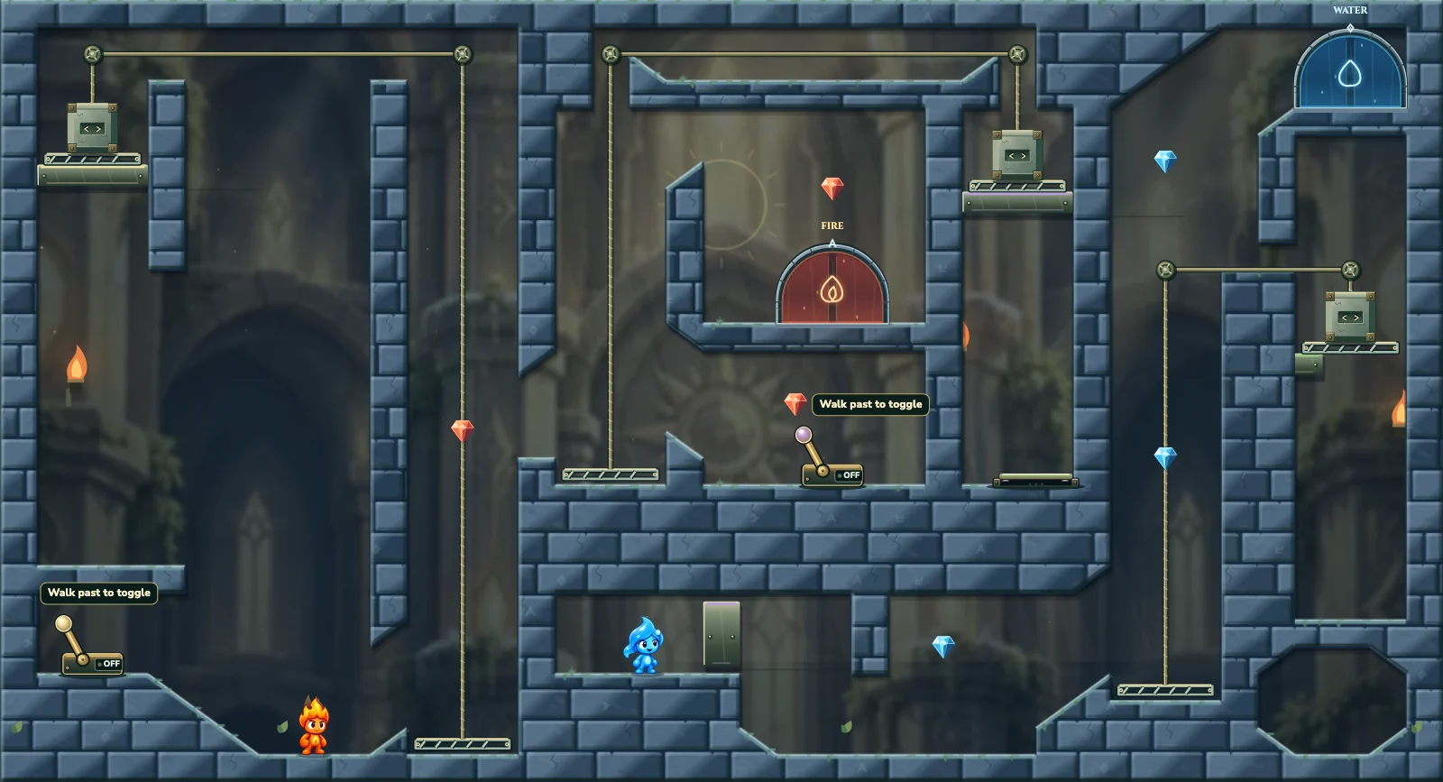 The Three Counterweights, light level 22: actual game view with Fireboy, Watergirl, diamonds, elemental pools, matching exits, and this level’s mechanisms.