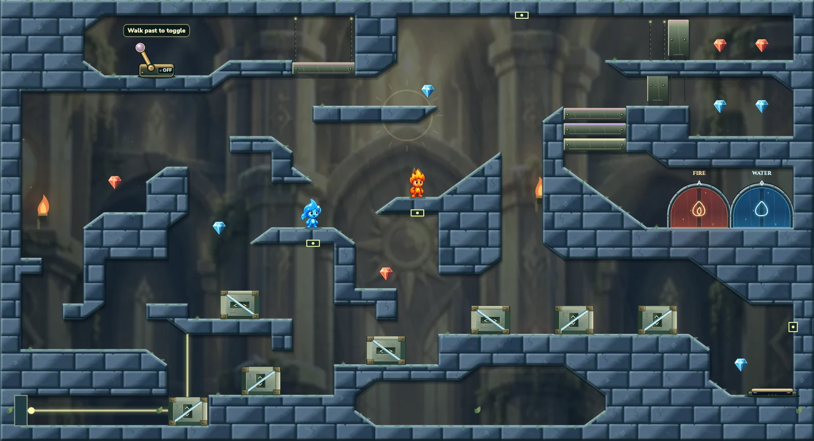 The Seven Mirror Chamber, light level 23: actual game view with Fireboy, Watergirl, diamonds, elemental pools, matching exits, and this level’s mechanisms.