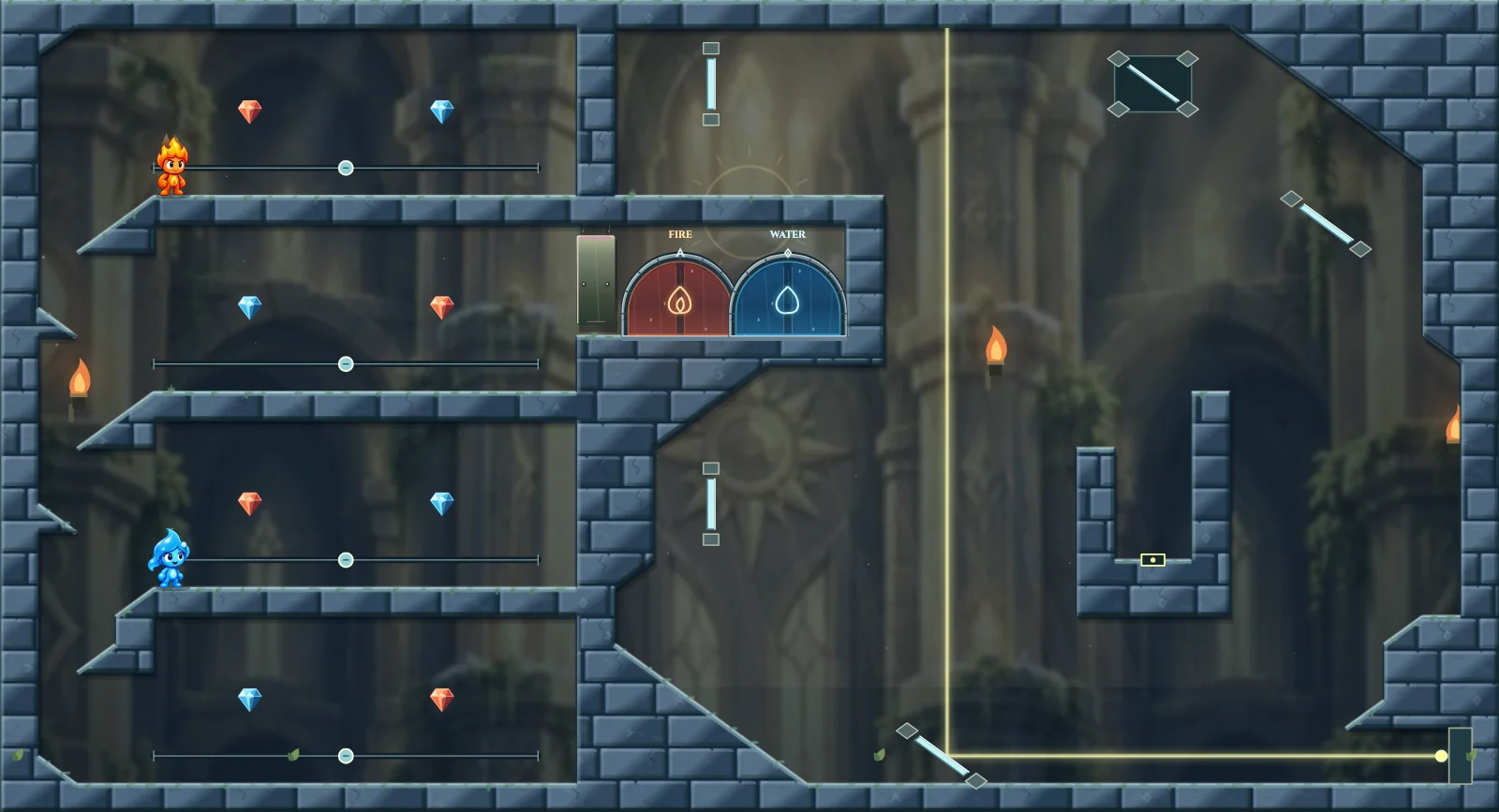 The Four Dials, light level 24: actual game view with Fireboy, Watergirl, diamonds, elemental pools, matching exits, and this level’s mechanisms.