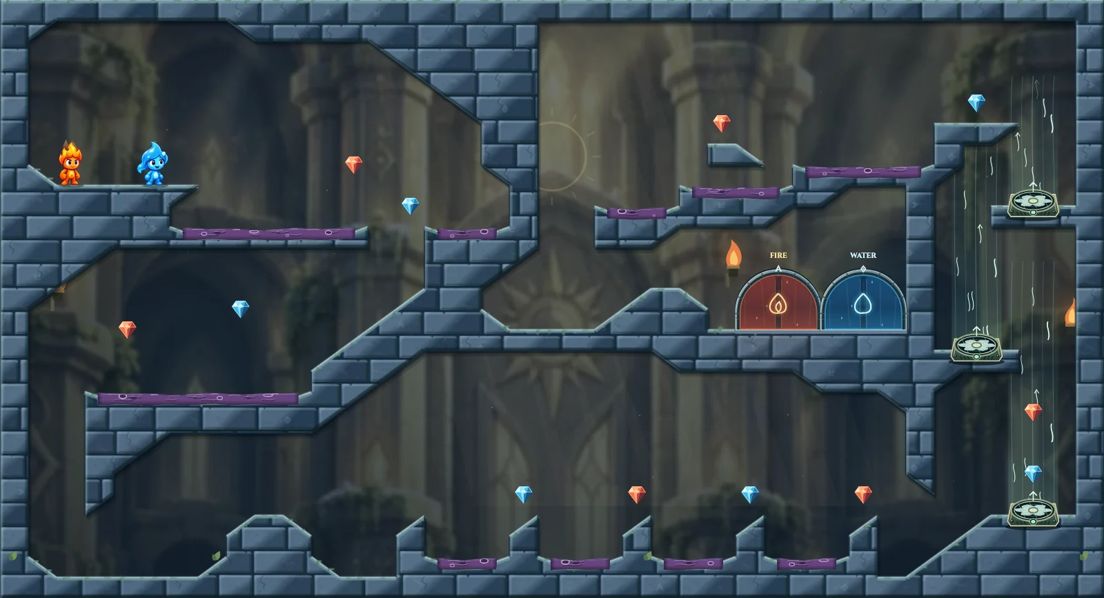The Three Updrafts, light level 25: actual game view with Fireboy, Watergirl, diamonds, elemental pools, matching exits, and this level’s mechanisms.