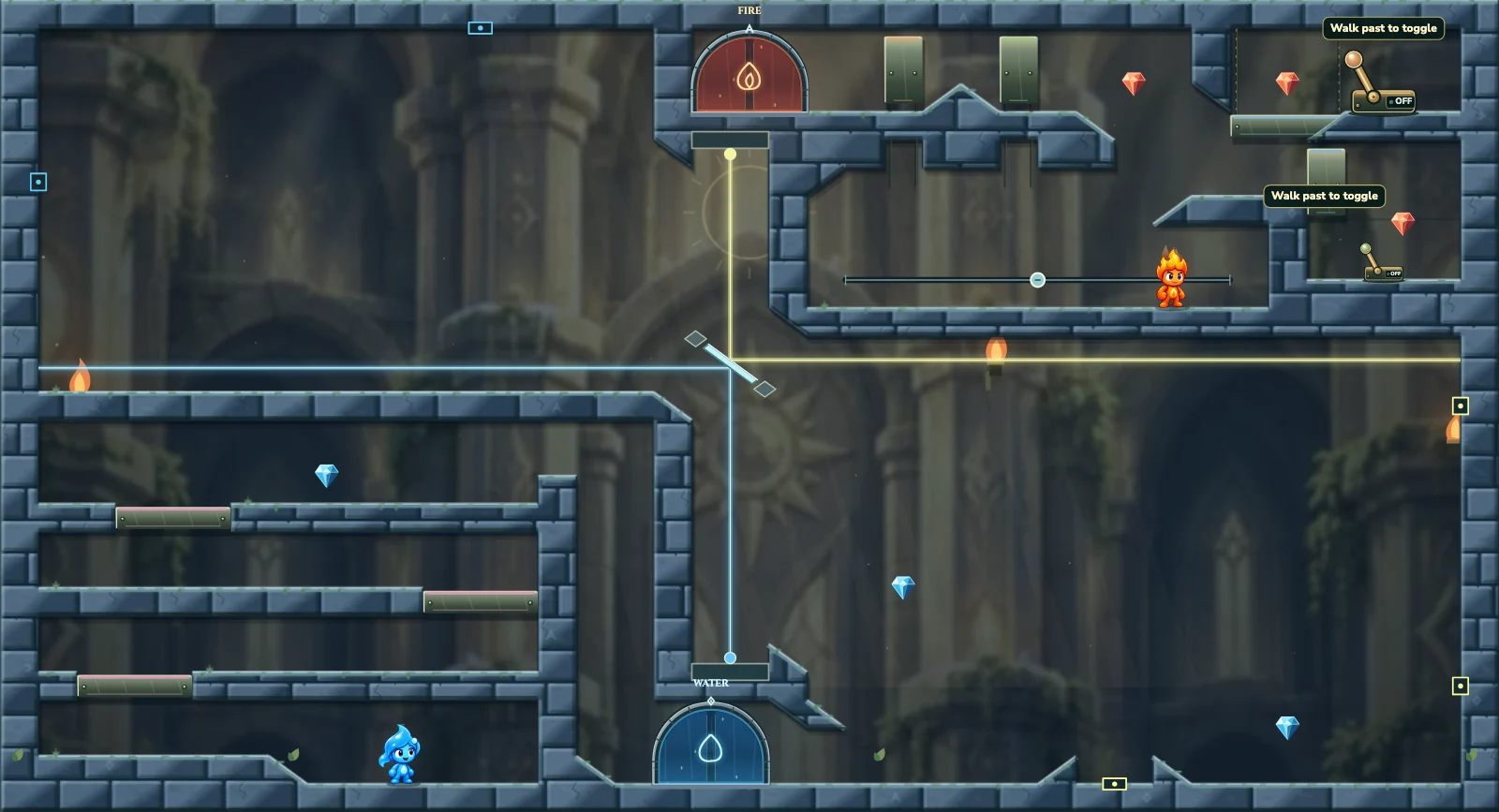 The Divided Light Path, light level 26: actual game view with Fireboy, Watergirl, diamonds, elemental pools, matching exits, and this level’s mechanisms.
