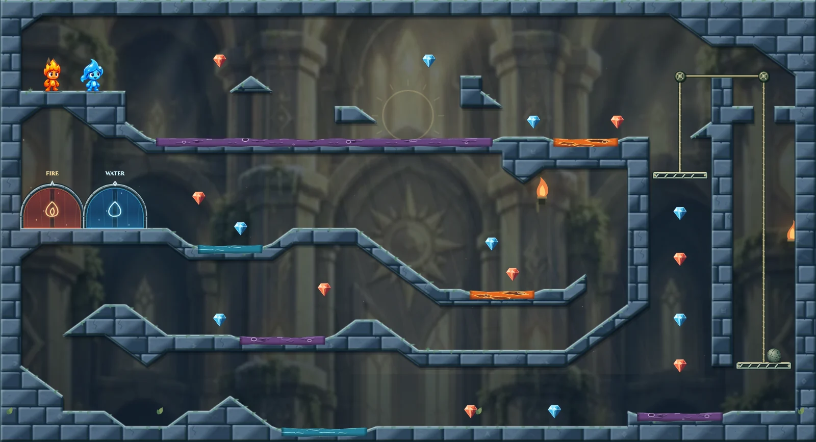 The Weighted Descent, light level 28: actual game view with Fireboy, Watergirl, diamonds, elemental pools, matching exits, and this level’s mechanisms.