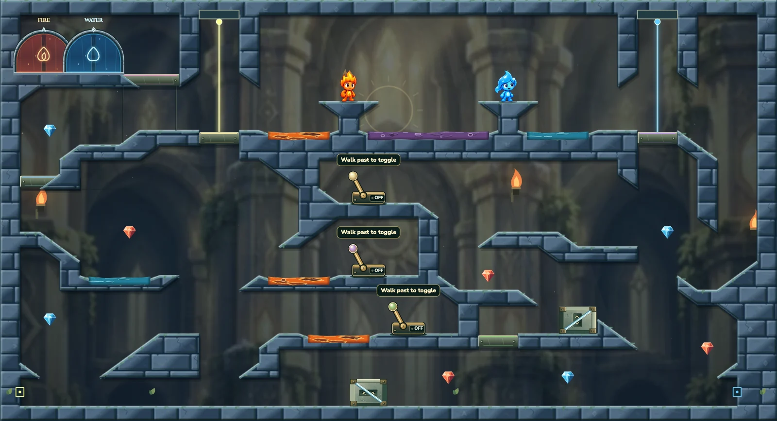 The Twin Beam Descent, light level 29: actual game view with Fireboy, Watergirl, diamonds, elemental pools, matching exits, and this level’s mechanisms.