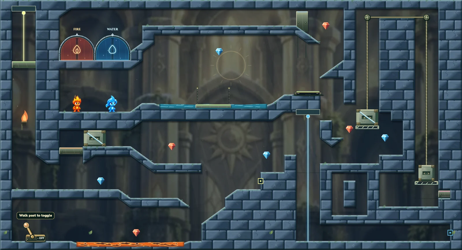 The Mirror Counterweight, light level 30: actual game view with Fireboy, Watergirl, diamonds, elemental pools, matching exits, and this level’s mechanisms.