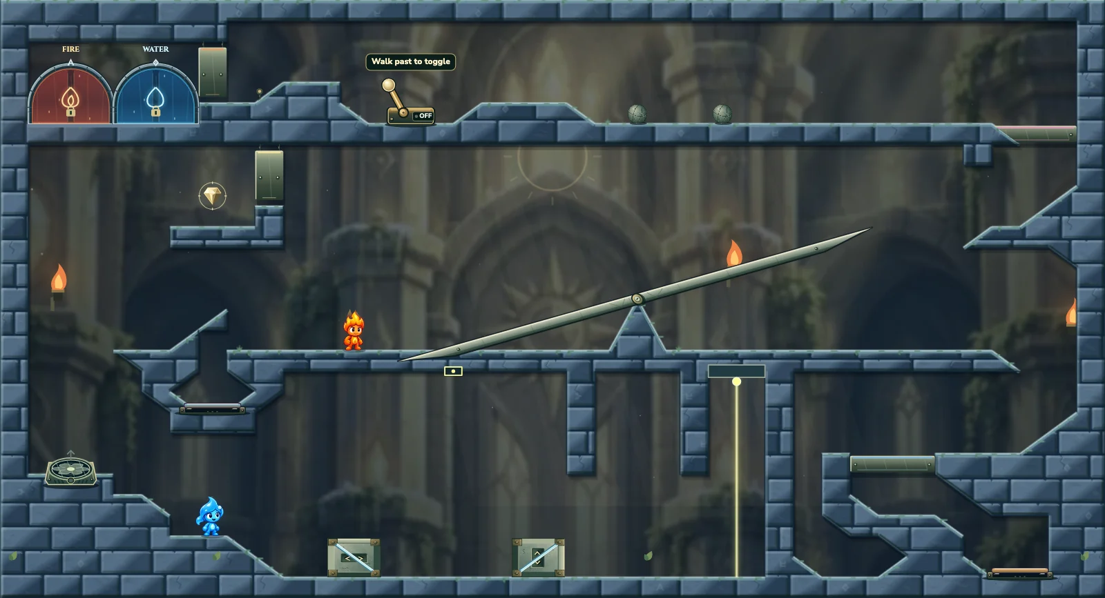The Balanced Reflection, light level 32: actual game view with Fireboy, Watergirl, diamonds, elemental pools, matching exits, and this level’s mechanisms.