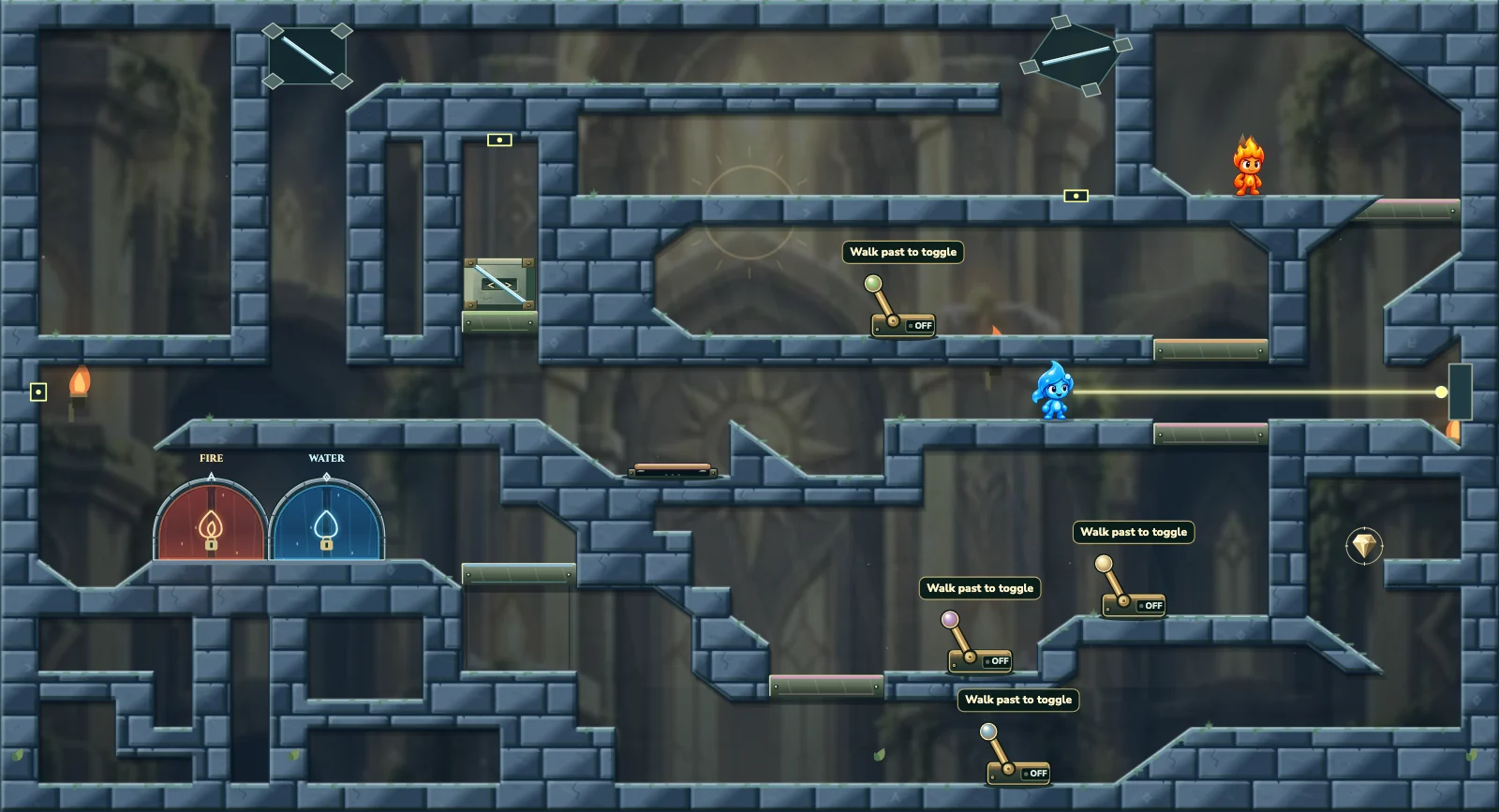 The Three Receivers, light level 33: actual game view with Fireboy, Watergirl, diamonds, elemental pools, matching exits, and this level’s mechanisms.