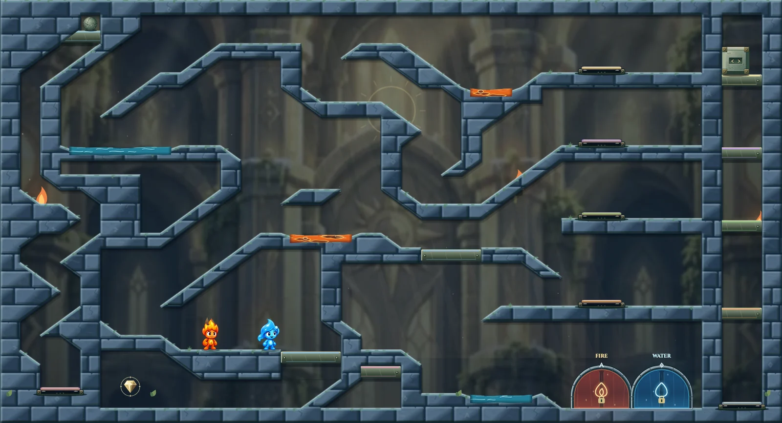 The Falling Weight Relay, light level 34: actual game view with Fireboy, Watergirl, diamonds, elemental pools, matching exits, and this level’s mechanisms.