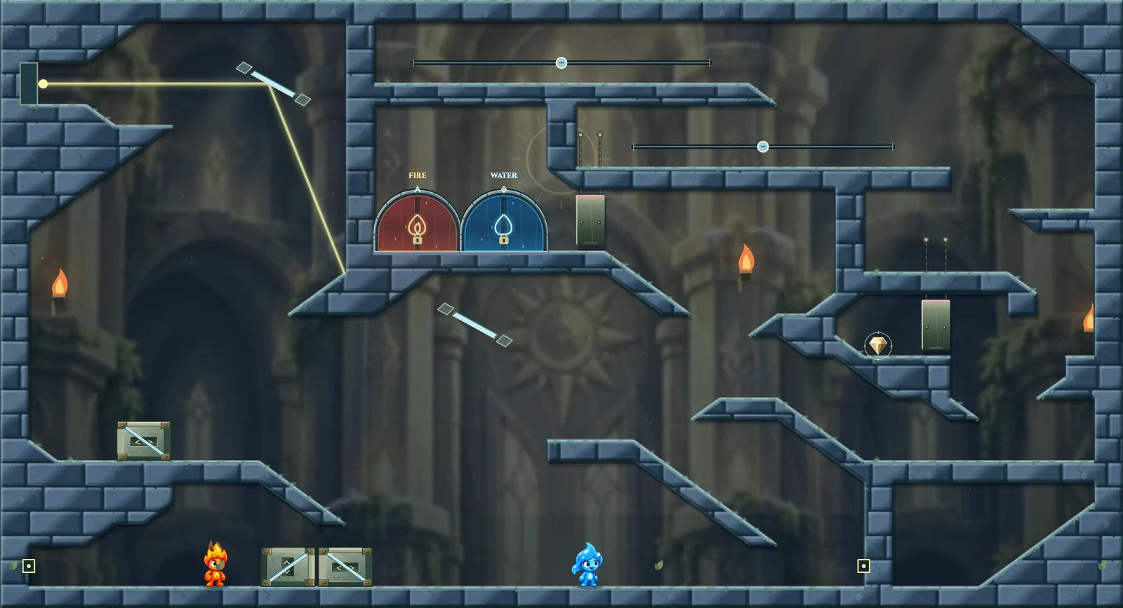 The Two Dials, light level 35: actual game view with Fireboy, Watergirl, diamonds, elemental pools, matching exits, and this level’s mechanisms.