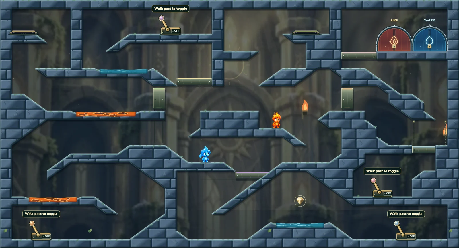 The Six Switches, light level 36: actual game view with Fireboy, Watergirl, diamonds, elemental pools, matching exits, and this level’s mechanisms.