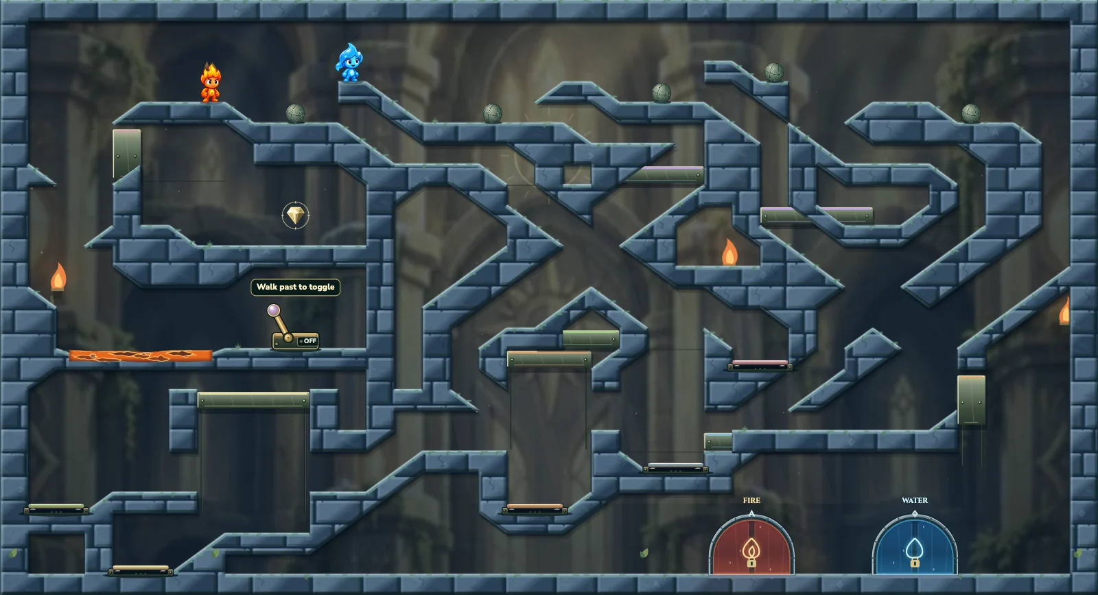 The Rolling Weight Circuit, light level 37: actual game view with Fireboy, Watergirl, diamonds, elemental pools, matching exits, and this level’s mechanisms.