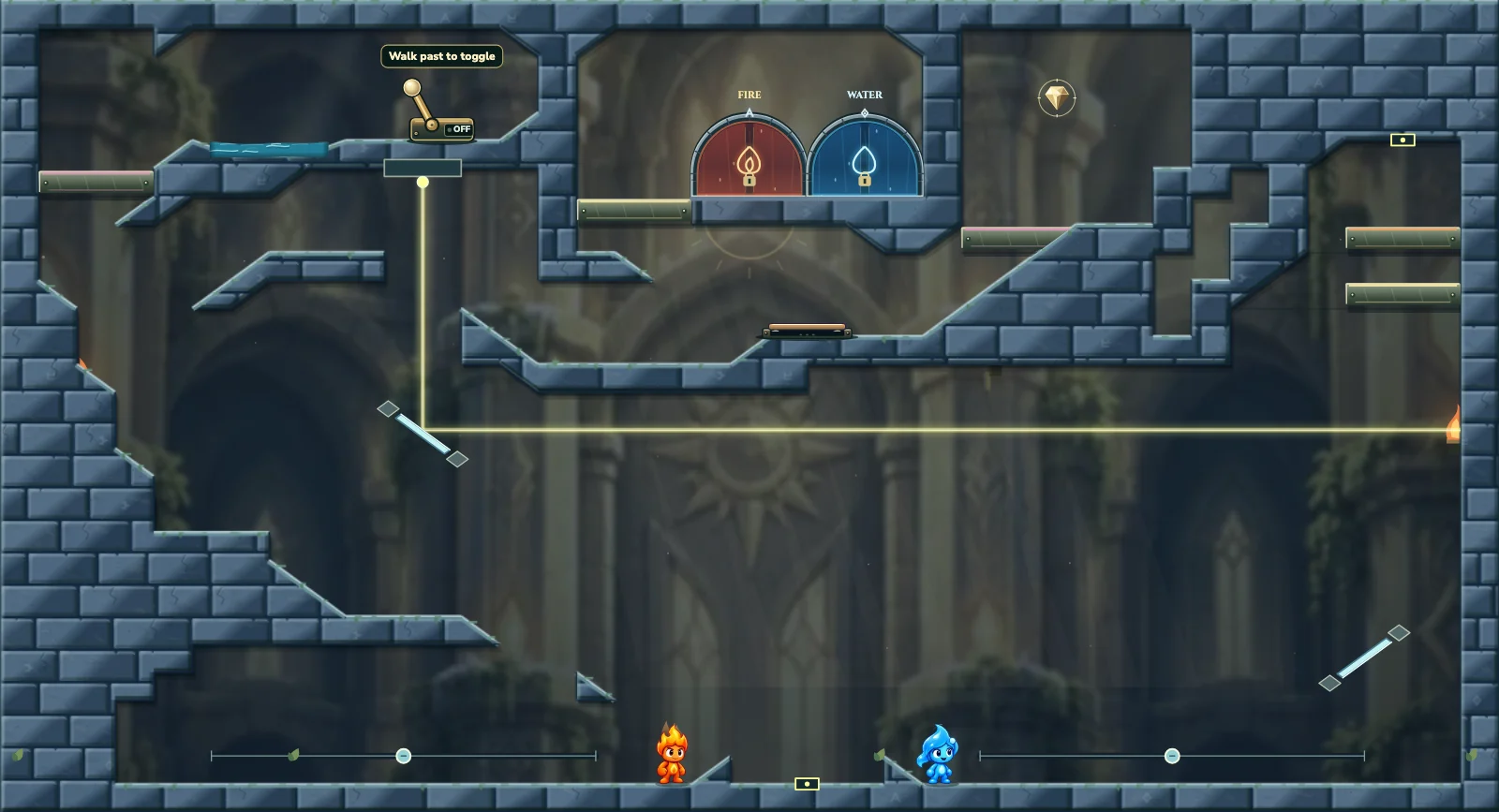 The Upper Light Vault, light level 38: actual game view with Fireboy, Watergirl, diamonds, elemental pools, matching exits, and this level’s mechanisms.