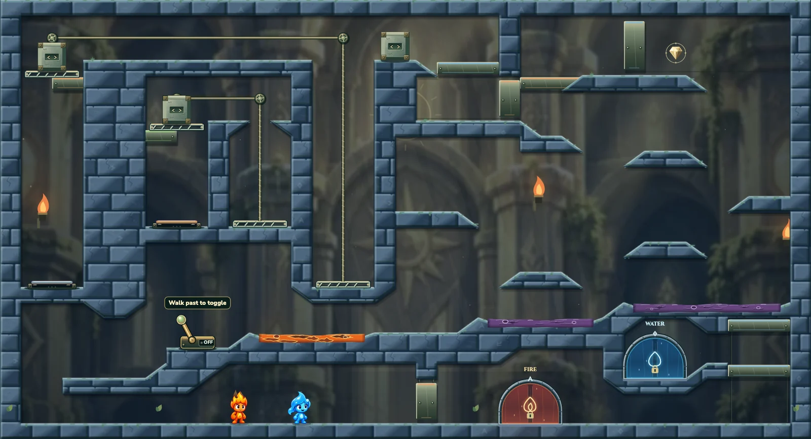 The Counterweight Exchange, light level 39: actual game view with Fireboy, Watergirl, diamonds, elemental pools, matching exits, and this level’s mechanisms.