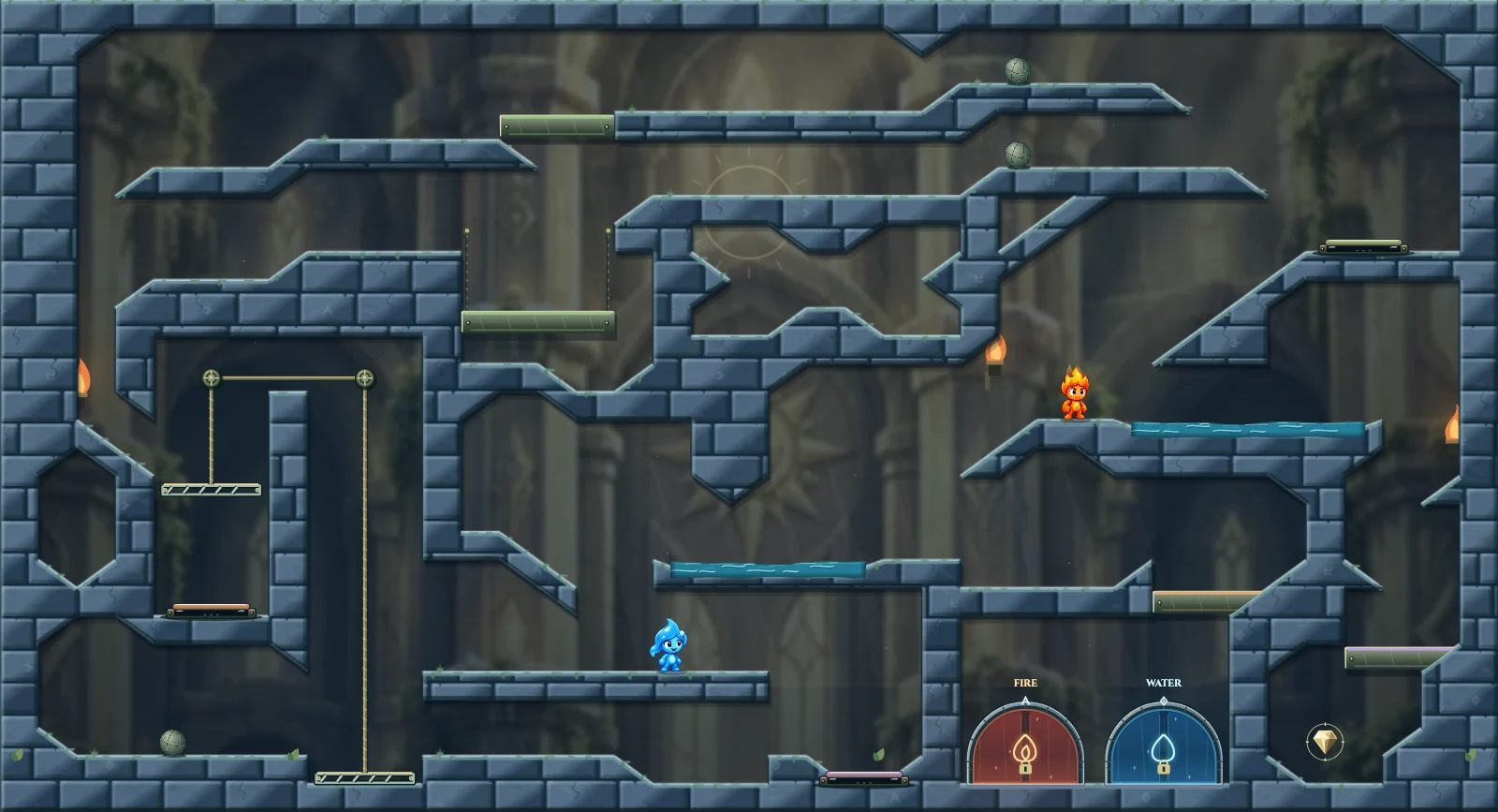 The Three Ball Chamber, light level 40: actual game view with Fireboy, Watergirl, diamonds, elemental pools, matching exits, and this level’s mechanisms.