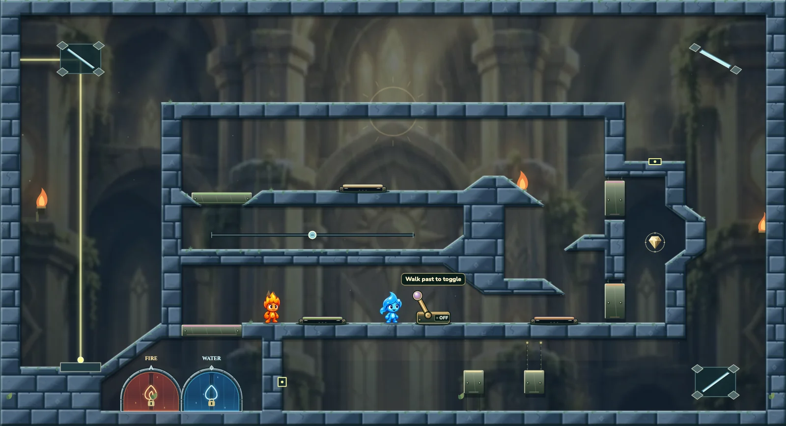 The Last Reflection, light level 41: actual game view with Fireboy, Watergirl, diamonds, elemental pools, matching exits, and this level’s mechanisms.